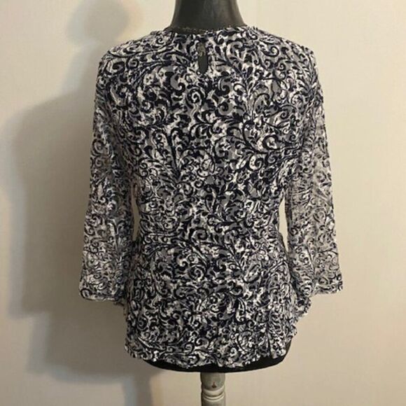 Rafaella Blue/Gray/White Paisley 3/4 sheer sleeves Peplum top, size L - Picture 3 of 5